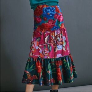 Farm Rio Boho Drea Floral Tiered Velvet Midi Skirt Women’s Small Festival Hippie